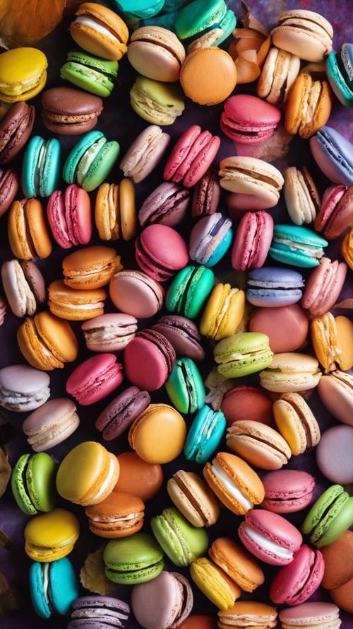 Delicious pile of macarons in a rainbow of colors shot from above.