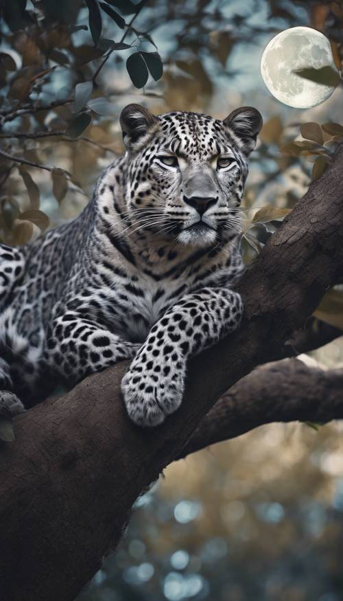 A sleeping gray leopard effortlessly perched high up on a tree branch, under the crescent moon.