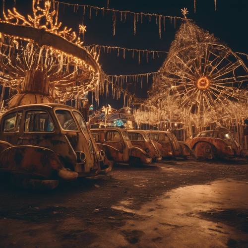 Una serie espectral de luces navideñas en un parque temático abandonado, su brillo distorsionado proyecta un resplandor inquietante sobre las atracciones oxidadas.