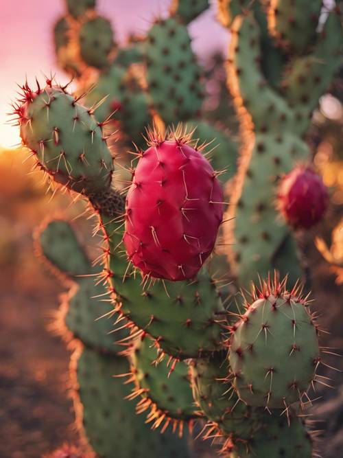 A prickly pear cactus with ripe, red fruits against a sunset background.