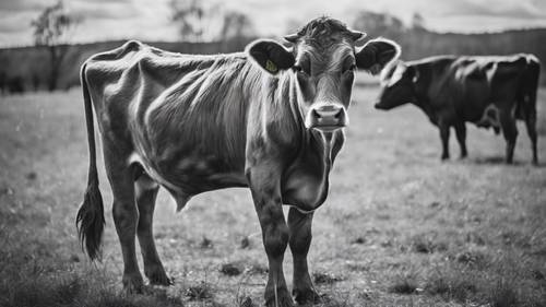 Black and white retro style photo of a brown cow with unique prints