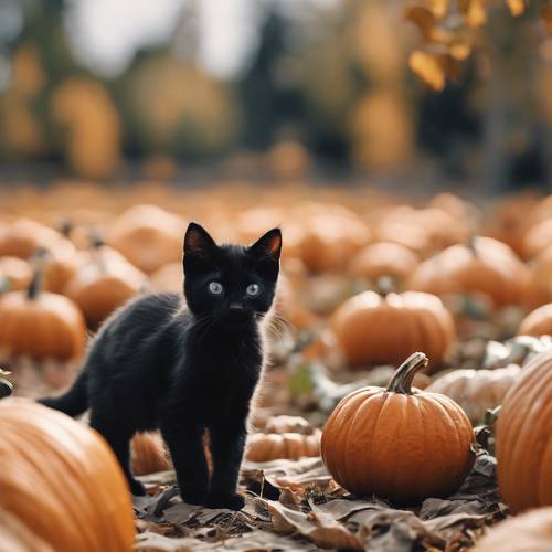 Ein abenteuerlustiges schwarzes Kätzchen erkundet an einem frischen Herbsttag ein Kürbisbeet.