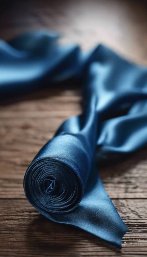Um pedaço brilhante de tecido de seda azul desenrolando-se sobre uma mesa de madeira.