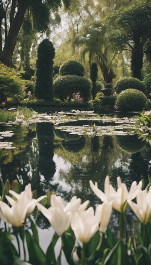 A pristine reflection pool in the heart of a peaceful botanical garden, surrounded by softly blooming lilies