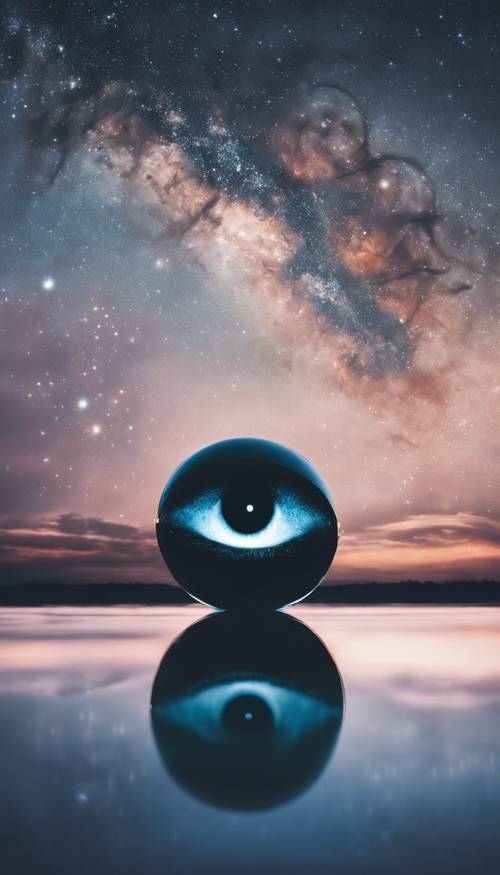 A breathtaking cool-toned night sky reflected into the calm and still water that shaped like a gigantic human eye. Tapet [6e5b292acd174129b951]