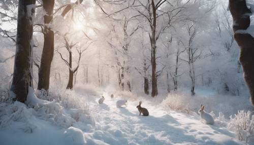 Eine mit frischem Schnee bedeckte Waldlichtung, zwischen den gefrorenen Bäumen hüpfen Kaninchen umher.