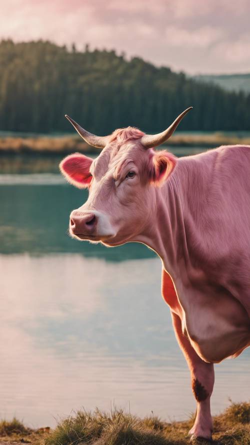 Una vaca rosa rústica, mugiendo al viento, al lado de un lago prístino.