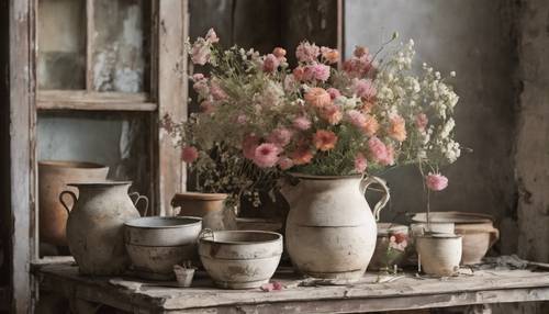 Ein Blumenstillleben im Shabby-Chic-Stil, komplett mit alten Töpfen und abgenutzten Möbeln