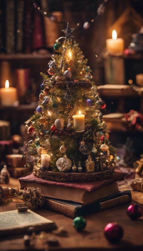 Un arbre de Noël magique orné de diverses potions et de livres de sorts dans un clan de sorcières.