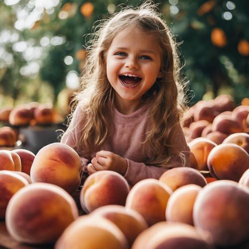 Маленькая девочка наслаждается кусочком большого сочного персика.