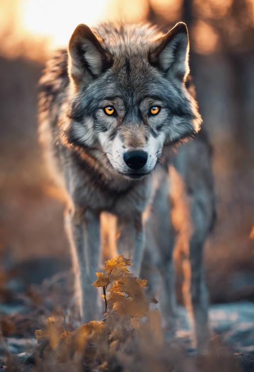 Un lupo grigio in piedi sopra una preda fresca, i suoi occhi gialli intensi illuminati dal crepuscolo.