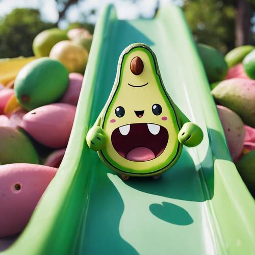 A fun-loving kawaii avocado going down a slide.