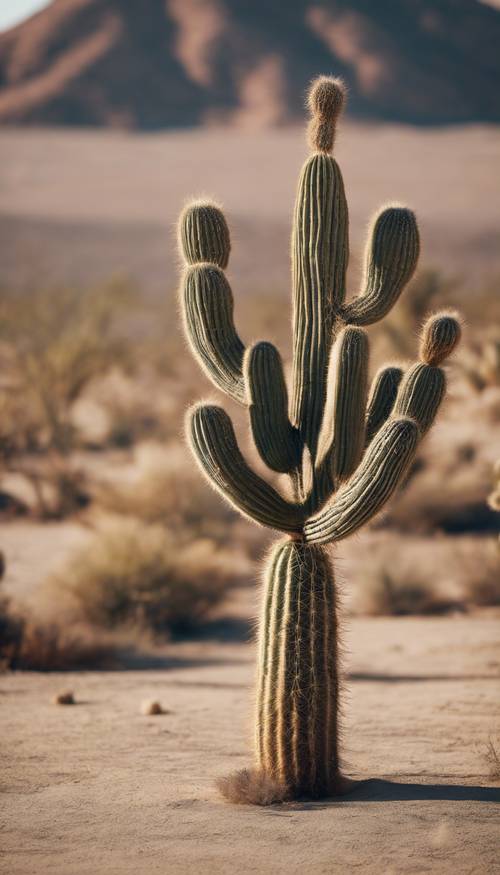 pojedynczy wysoki kaktus z wzorami boho wokół niego, siedzący samotnie na suchej pustyni
