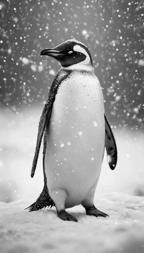A detailed black and white illustration of a penguin standing on a snowy landscape during a snowfall.