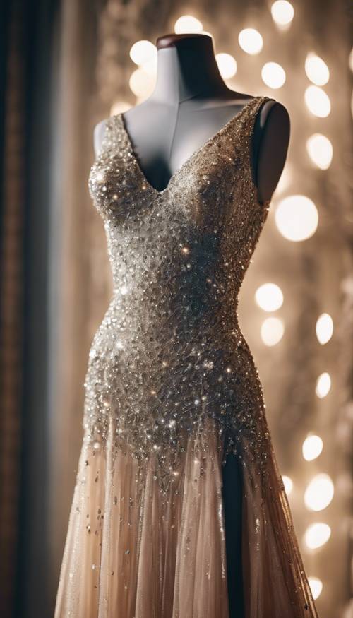 An evening gown, richly adorned with crystals and sequins, on a mannequin in a boutique.