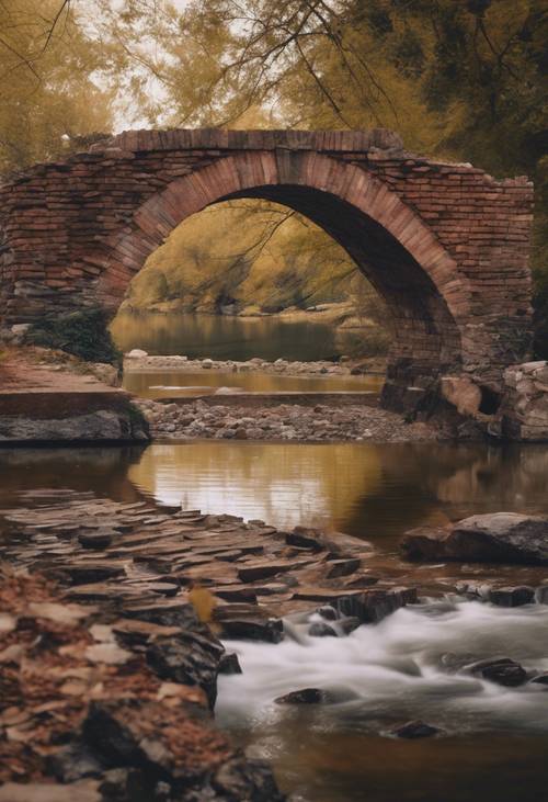 Mattoni marroni che formano l&#39;arco di un antico ponte su un fiume tranquillo.