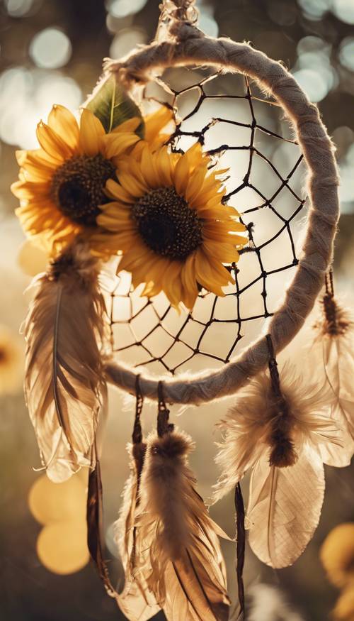 Penangkap mimpi dengan detail bunga matahari dan bulu dalam desain boho.