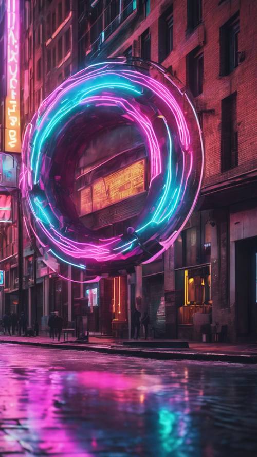 Um portal Y2K girando com cores neon aparecendo misteriosamente nas ruas futurísticas da cidade.