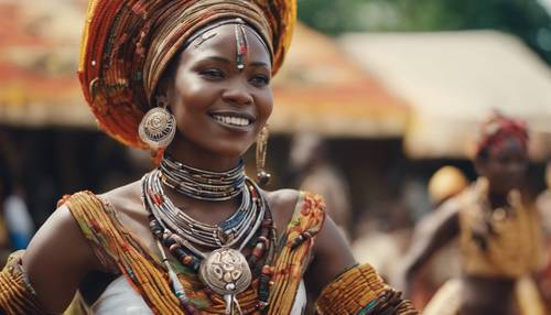 Una encantadora mujer africana con atuendo tradicional y impresionantes joyas tribales, bailando en un festival.