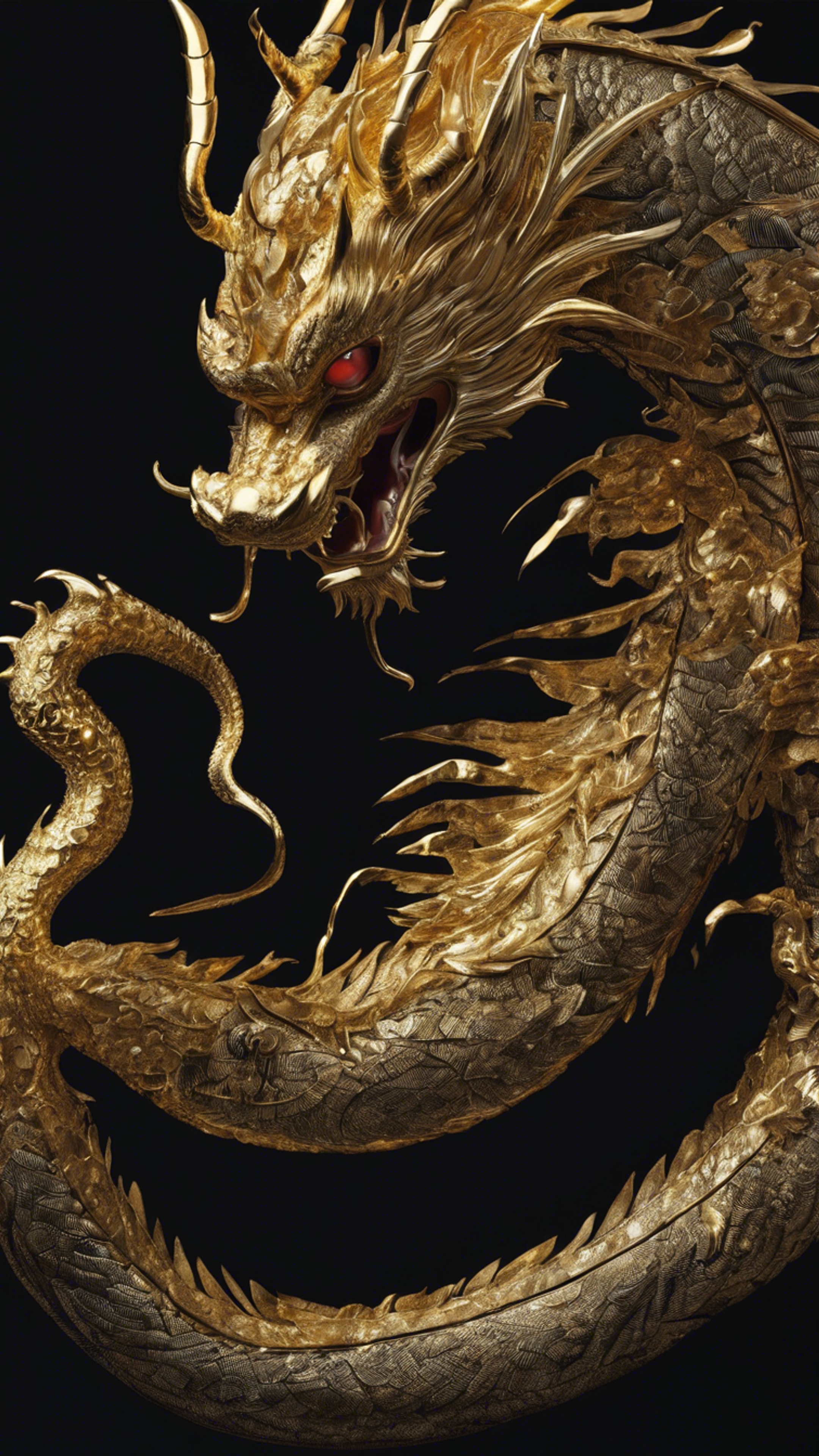 Detailed Japanese dragon rendered in gold leaf on a black background.壁紙[3dbf2113e361411080c0]