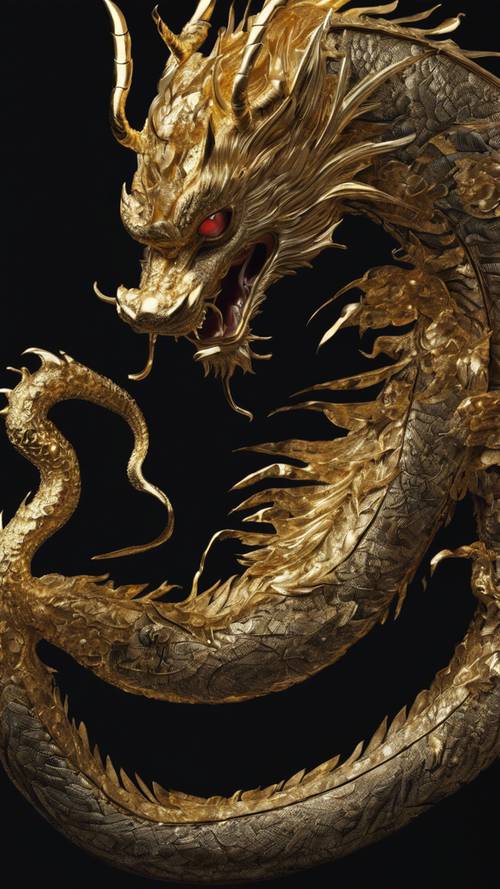 Детальный японский дракон, выполненный из сусального золота на черном фоне.