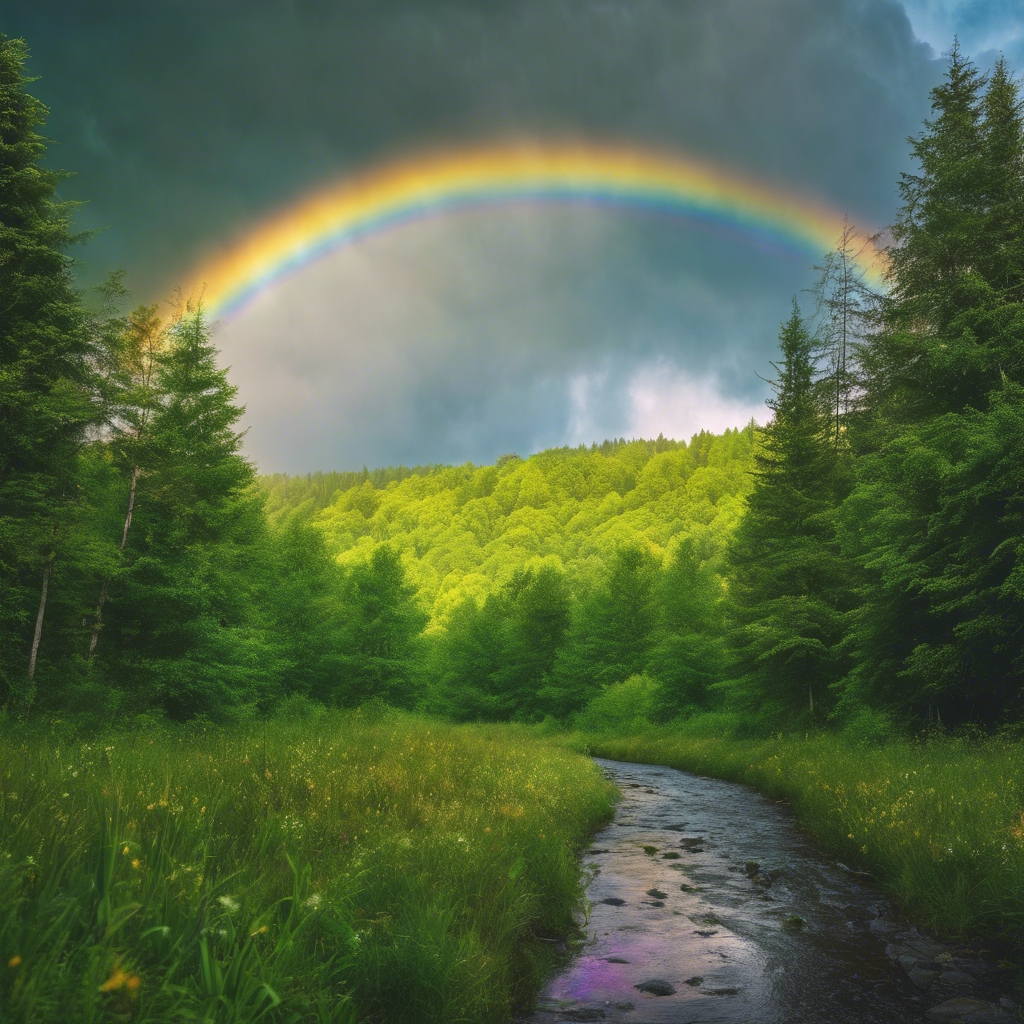 A vivid rainbow arching over an emerald green forest after a summer rain shower. Tapeta[7a149207b180454a8fe4]