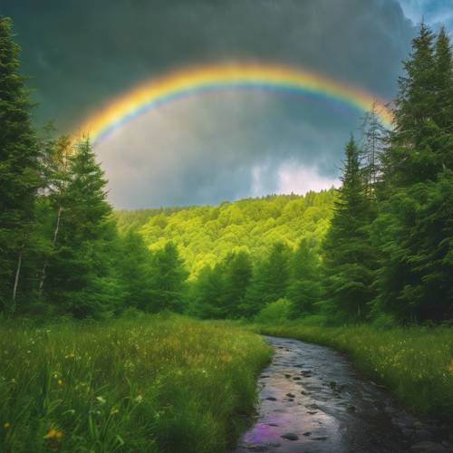 A vivid rainbow arching over an emerald green forest after a summer rain shower.
