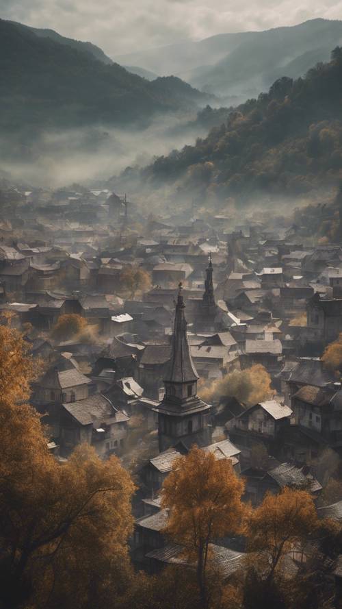The rustic skyline of a sleepy old town nestled amongst the misty mountains.