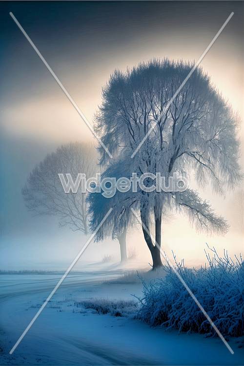 Alberi invernali nebbiosi in un paesaggio innevato