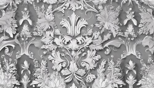 Żywe srebrne ilustracje wzbogacone białymi detalami, tworząc piękny, jednolity wzór adamaszku.