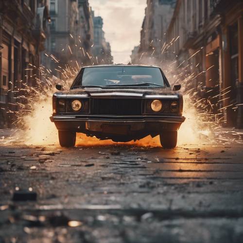 A mafia car explosion happening in the heart of the city with sparks flying, caught in a photo.