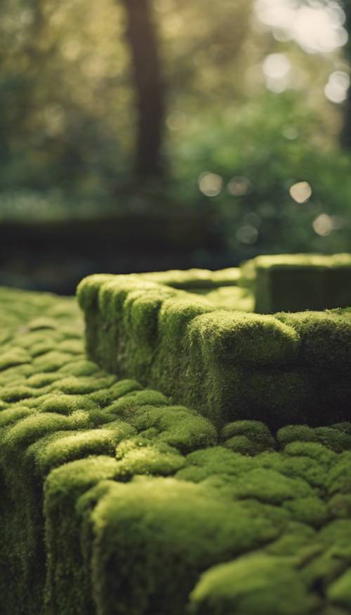 Un mattone verde isolato e coperto di muschio in un pittoresco giardino inglese.