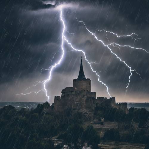 A blue lightning bolt striking the spire of an ancient castle amidst a storm.