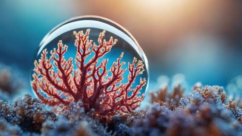 Une vue microscopique d&#39;une gouttelette d&#39;eau ressemblant à des coraux sous-marins, avec des couleurs et des détails évoquant le concept d&#39;une bille bleue.