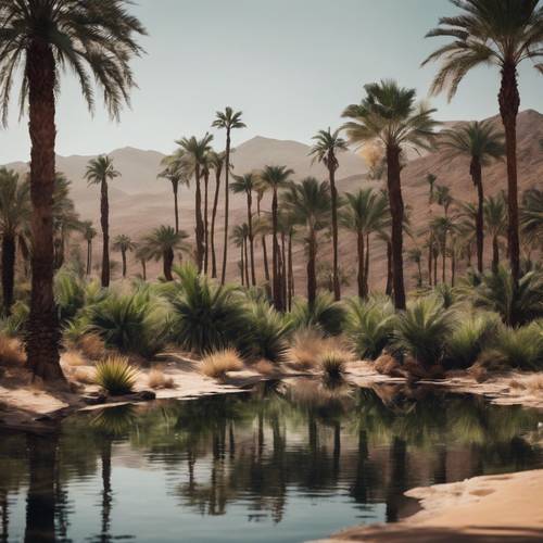 An oasis in the desert featuring a crystal clear pond surrounded by dark palm trees.