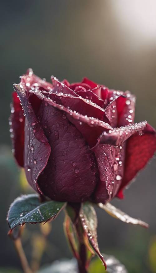 A burgundy rose bud, on the verge of blooming, against a dew-laden morning.