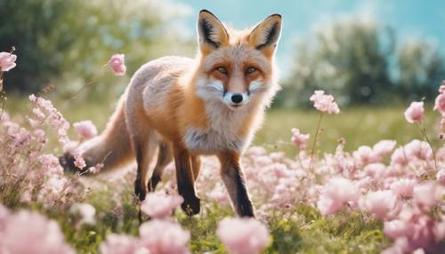 一只顽皮的粉红色狐狸在蓝色的春天天空下穿过开满粉红色和白色花朵的草地。