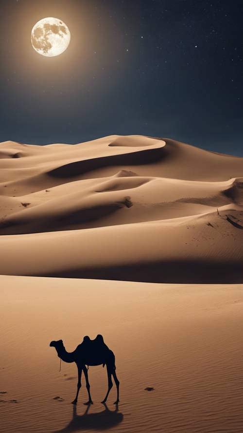 보름달 아래 장엄한 베이지색 모래 언덕이 있고 지평선에는 낙타 한 마리의 실루엣이 보입니다.