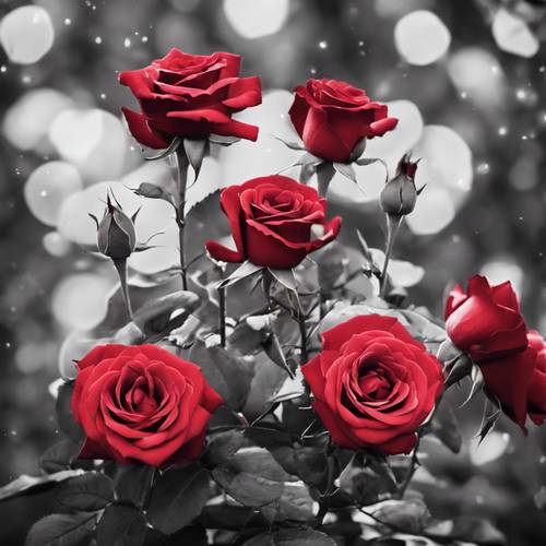 A staticky, vintage black and white photo overlaid with red roses