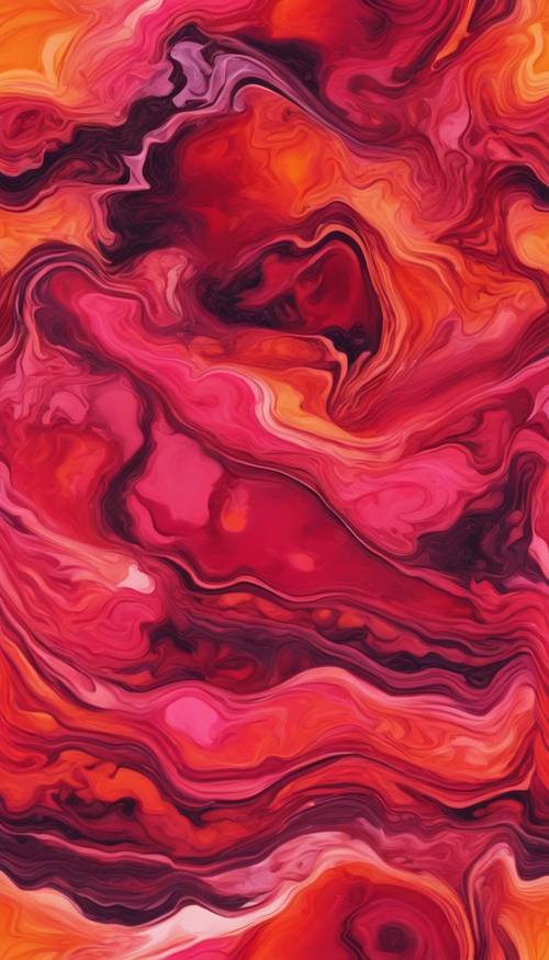추상적인 일몰을 닮은 빨간색, 주황색, 분홍색의 불 같은 색조의 네온 대리석의 매끄러운 패턴입니다.