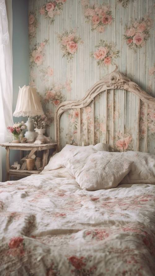A cozy shabby chic bedroom with floral wallpaper, weathered whitewashed bedframe, and a patchwork quilt.