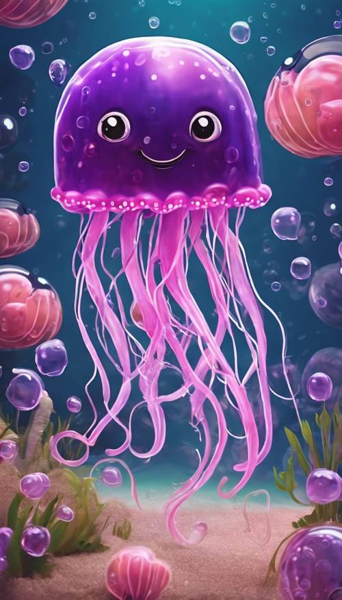 Bir çocuk hikaye kitabındaki tuhaf pembe baloncuklarla şakacı bir şekilde harmanlanan, gülümseyen, mor bir denizanasının ilginç bir illüstrasyonu.