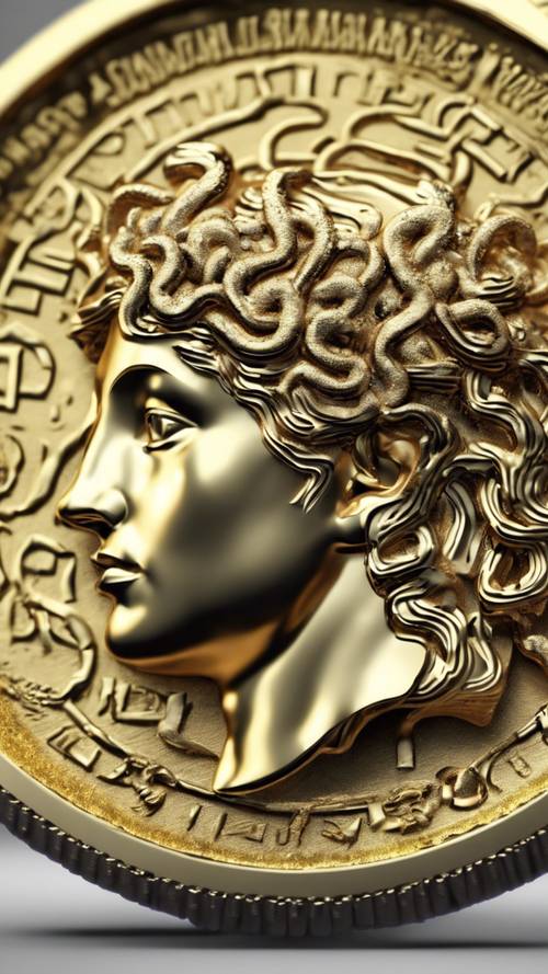 A 3D rendering of a gold coin from ancient times with Medusa's face.