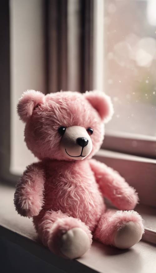 Boneka beruang merah muda yang lucu dan lembut dengan mata seperti manik-manik duduk di ambang jendela&quot;.