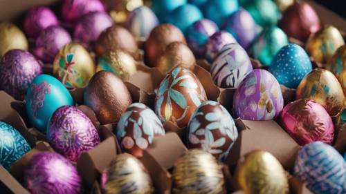 自制的巧克力复活节彩蛋用彩色箔包裹，放在牛皮纸盒里。