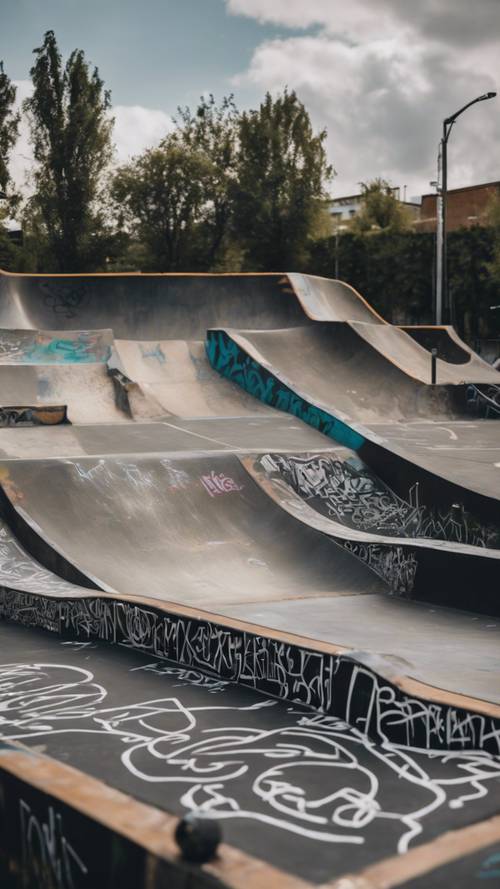 Uno skatepark decorato con graffiti neri stilizzati, che gli conferiscono un aspetto tagliente.