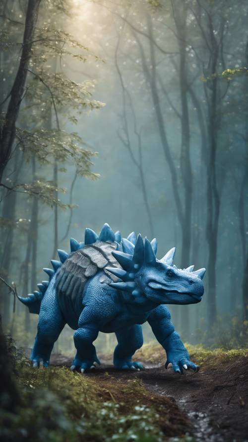 Stegosaurus biru dewasa berjalan melalui hutan biru dengan kabut menyelimutinya.
