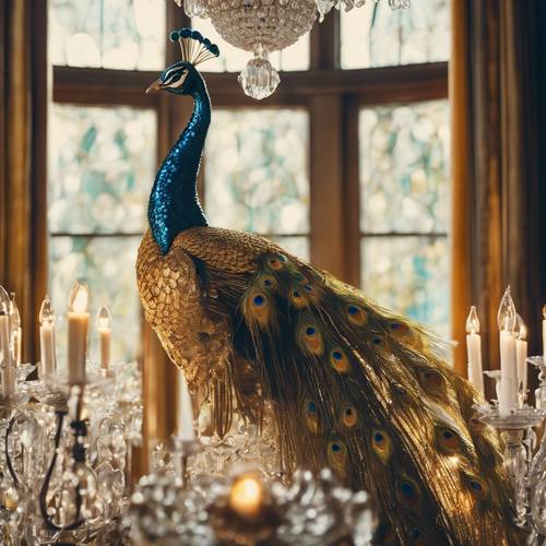 Um pavão dourado aquecendo-se sob um lustre de cristal em uma mansão vitoriana.