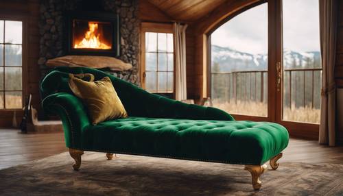 A rich green velvet chaise longue with golden accents placed by the side of a roaring fireplace in a luxurious cabin Tapeta [859bf5be6b1844c6835c]