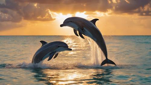 Dois golfinhos brincalhões e enérgicos saltando das águas cristalinas de Key West durante um lindo pôr do sol dourado.